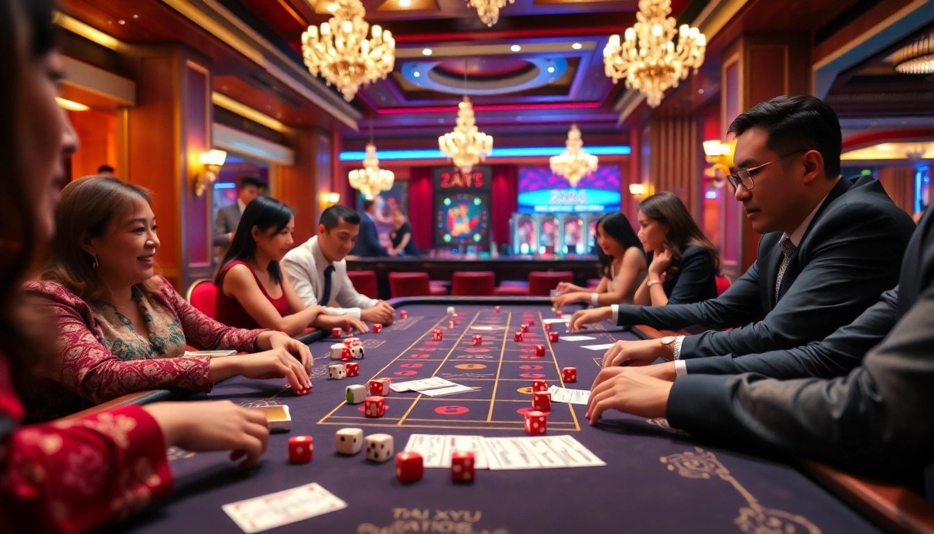 Join the excitement at a Tài xỉu MD5 game with players eagerly placing bets on a dazzling casino table.