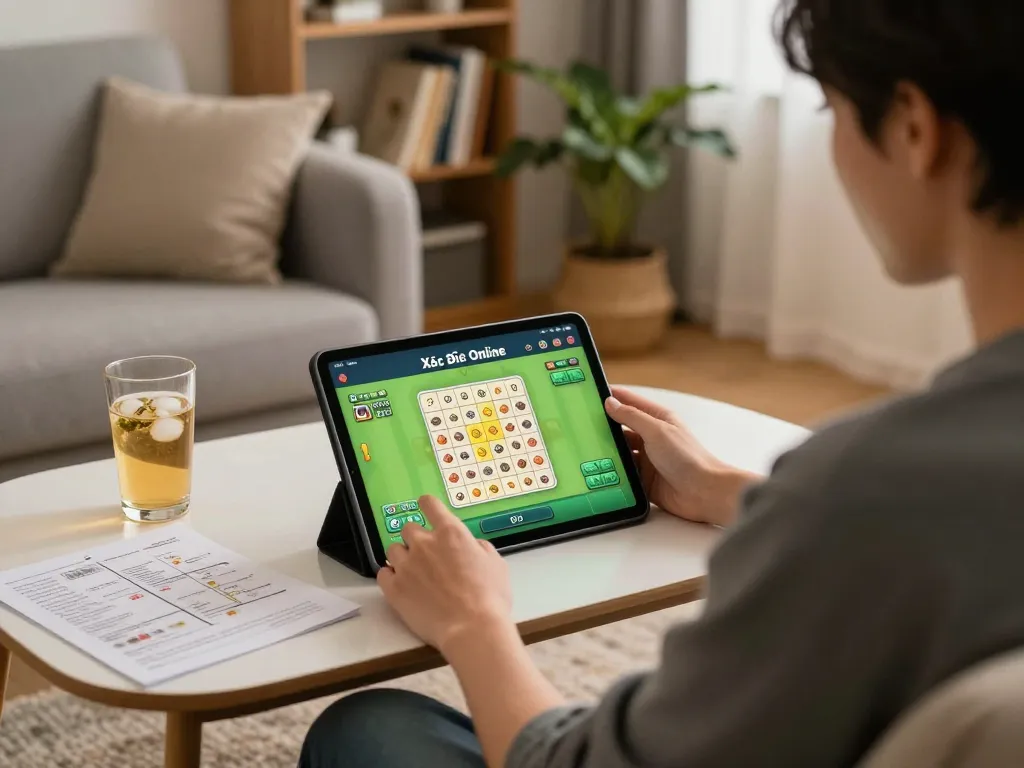 Xóc Đĩa Online gameplay on tablet with strategic notes at a cozy home setting