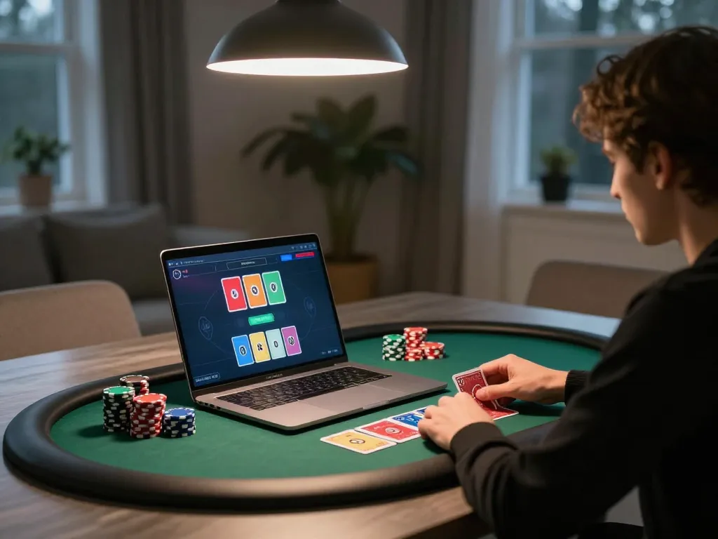 au88 nhà cái uy tín player engaged in online poker game at home with strategy notes