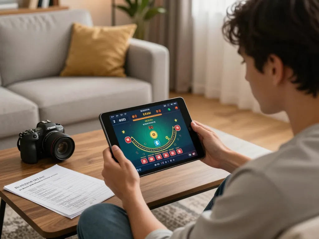 Player engaging with online blackjack game on https://fc88.zone in a cozy home setting, emphasizing responsible gaming
