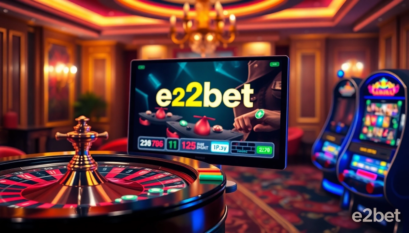 Experience the thrill of online gaming at e2bet with vibrant casino visuals featuring slots and roulette.
