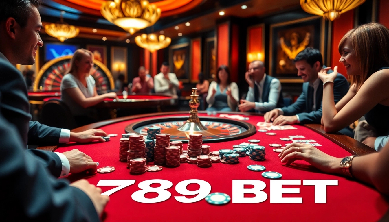 Players enjoying a thrilling game at a luxurious casino table featuring 789 BET poker chips.