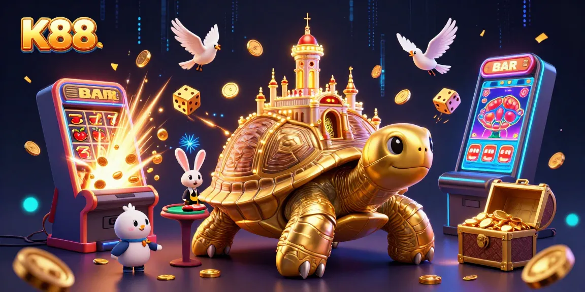 K88 players enjoying a vibrant casino scene with a golden tortoise, rabbit dealer, and dynamic slot elements.