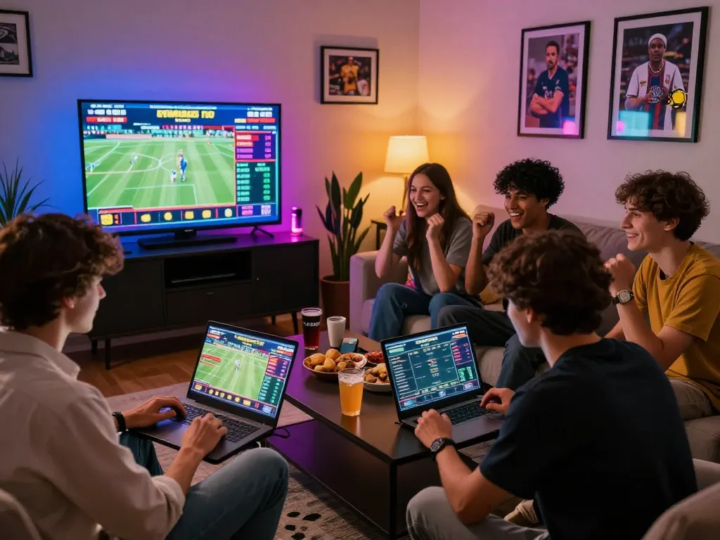 Exciting gaming scene with friends engaging in rikbet sports betting activities, laptops and drinks enhancing the atmosphere.