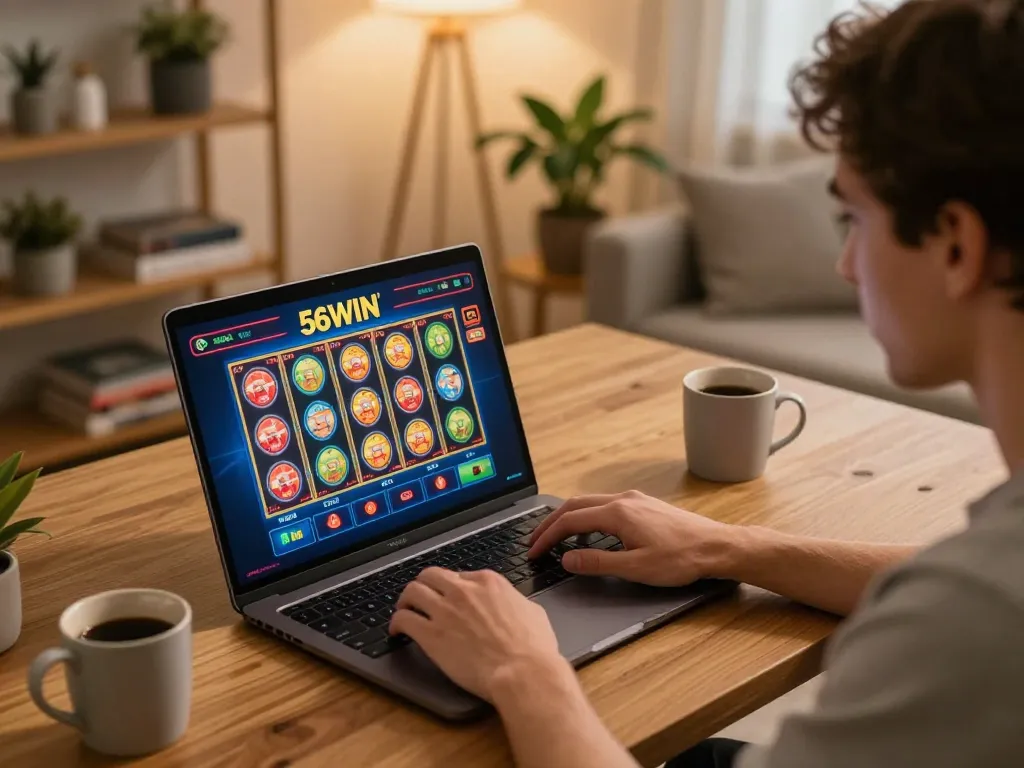 Engaging user playing 56WIN casino games on a laptop, showcasing online gambling strategy