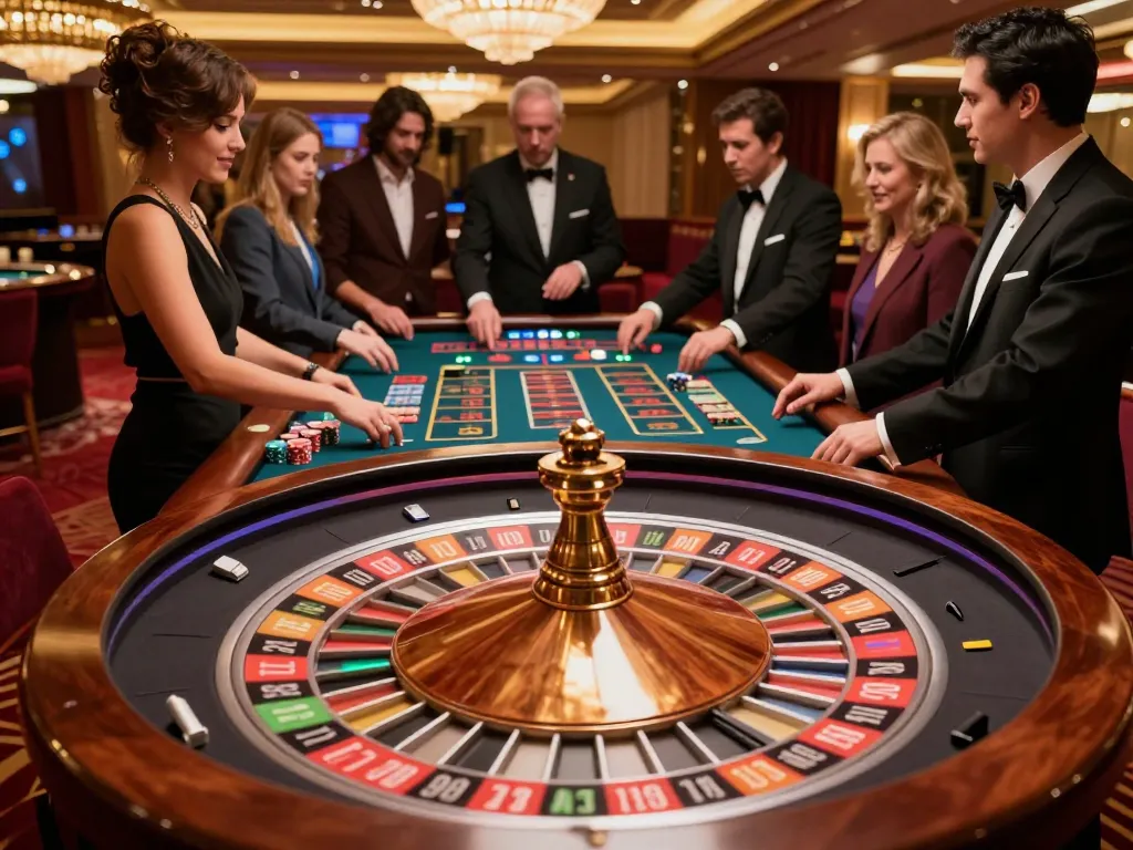 Engaging roulette gameplay at tại luck8 with players excitedly discussing bets while the croupier spins the wheel