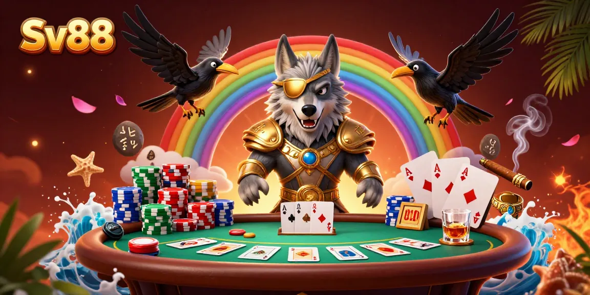 Engage with Sv88’s vibrant online gaming scene, featuring an Odin wolf and dynamic casino characters.