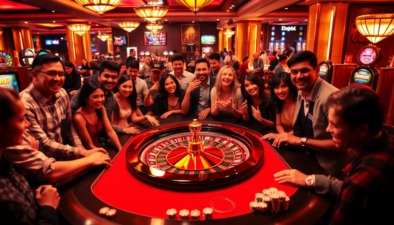 Experience thrilling gameplay at https://mm88.bar/ with diverse players at a luxurious casino table.