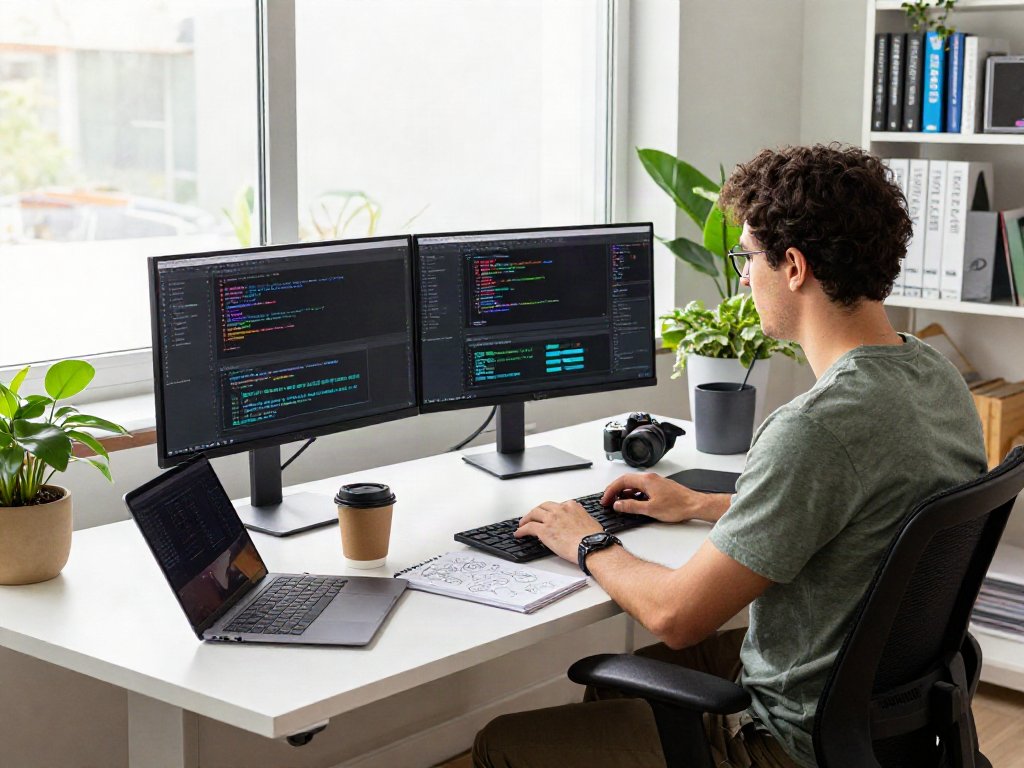 Developer working in a modern tech workspace with displays showing ia +18 coding and analytics.