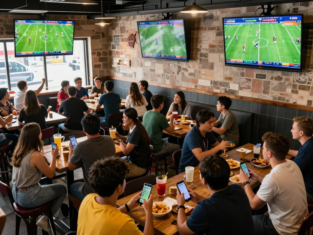 Excited fans engaging in kèo nhà cái hôm nay while watching sports at a lively bar.