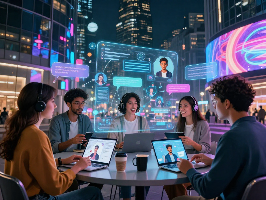 AI chat porn scenario featuring vibrant digital interaction in futuristic city.