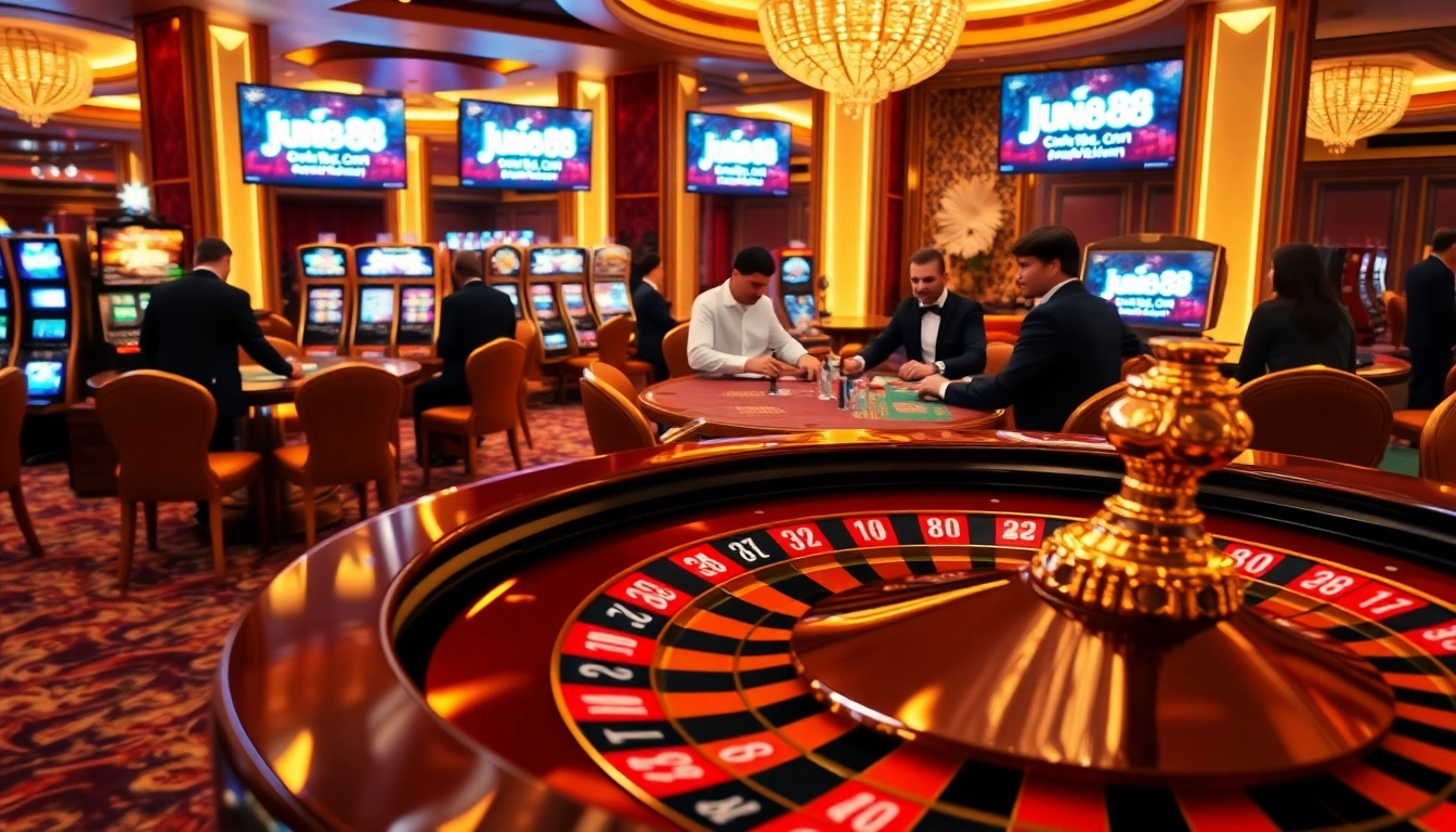 Experience luxury gambling at jun88.com with elegant casino tables and vibrant slot machines.