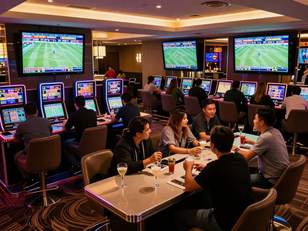 Experience exciting sports betting at hitclub in a vibrant casino lounge with live screens.