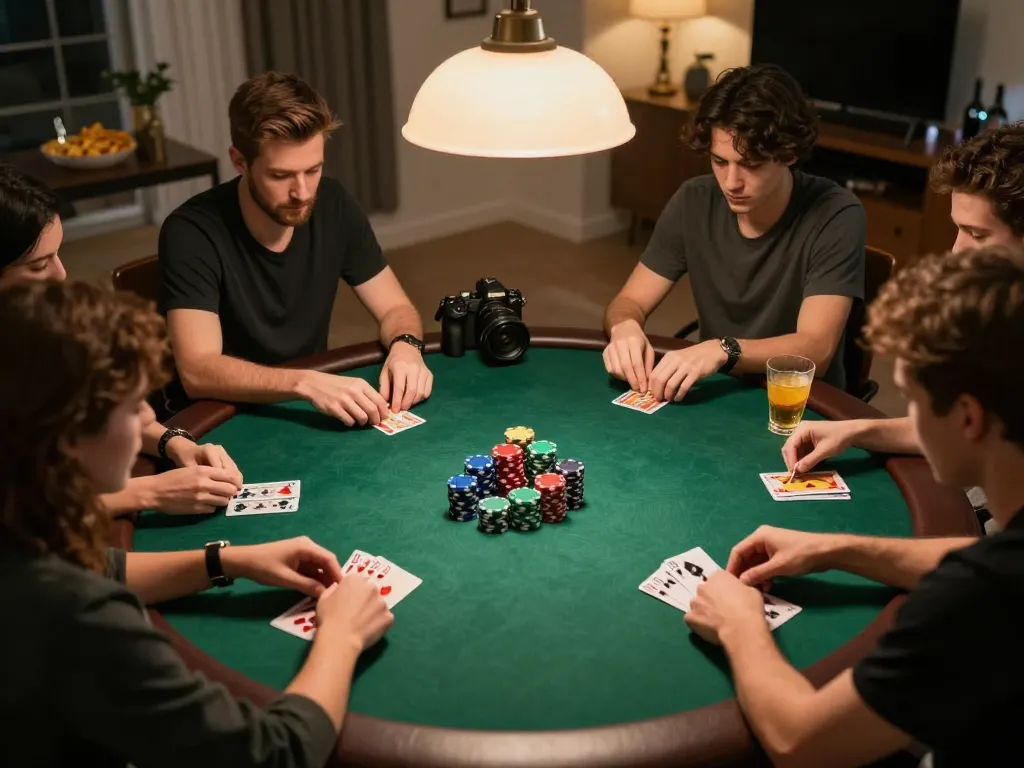 Players at a home poker night enjoying an intense game, showcasing the excitement of bj88bj in friendly competition.