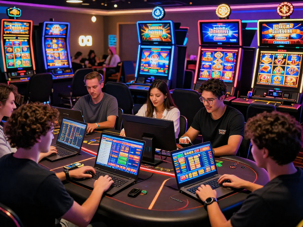 Players enjoying casinos not on gamstop using laptops and smartphones, vibrant online gaming atmosphere, colorful slot machines displayed.