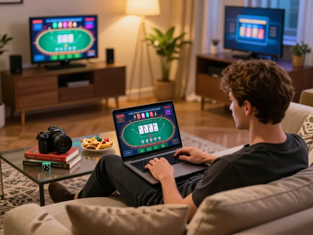 Engaging gaming experience on luck8com with live dealer poker on a laptop in a cozy setting.