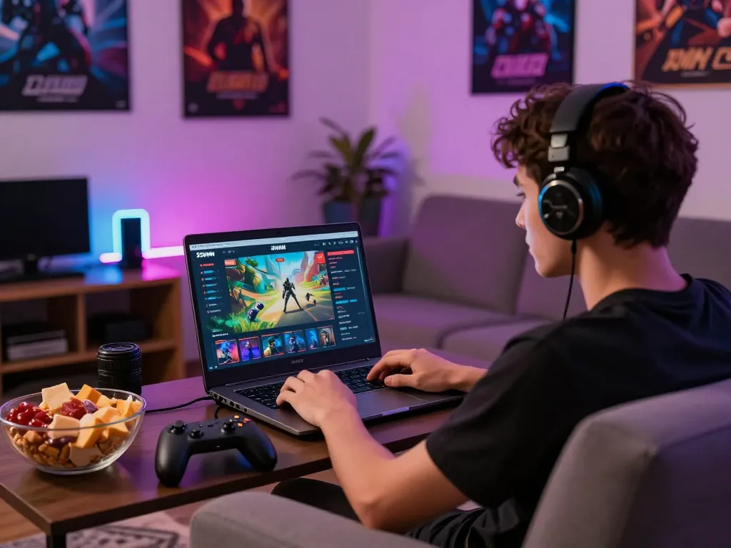 Engaged player enjoying the 23win online gaming experience with vibrant setup and cozy atmosphere.