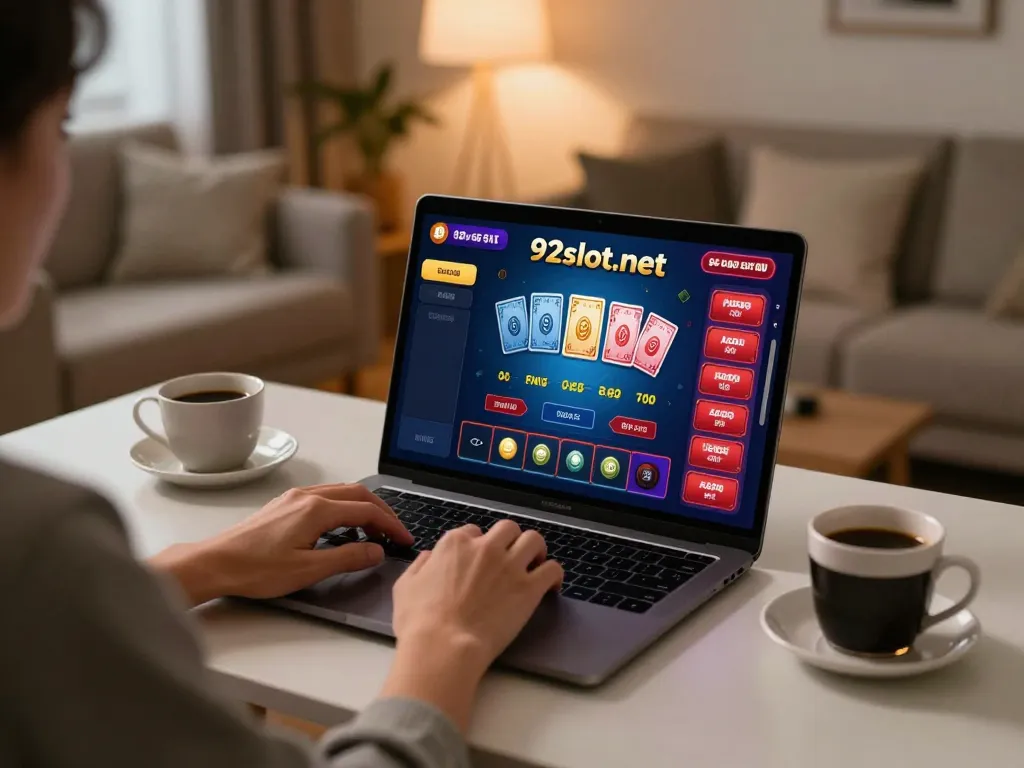 Person strategically betting on 92slot.net while enjoying a coffee in their cozy living room.