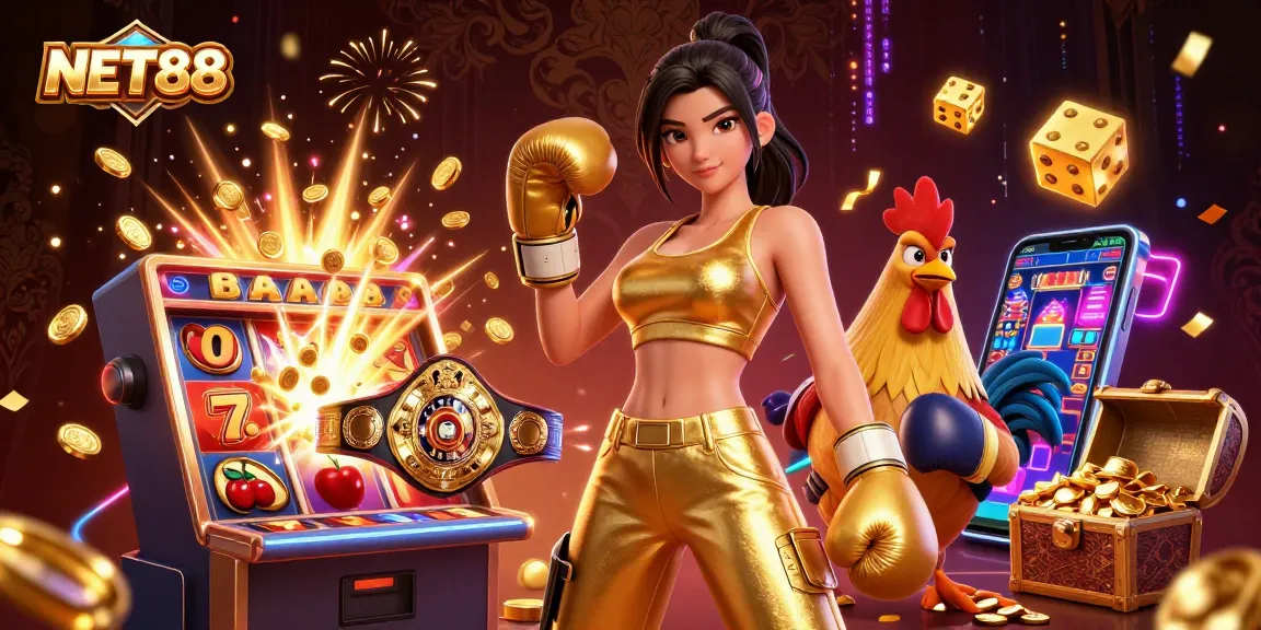 NET88 showcases exciting slot machines and vibrant casino action with a powerful athletic warrior.