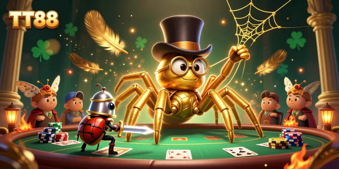 Engage with TT88's thrilling poker arena featuring a golden tarantula and beetle knight amidst vibrant casino elements.