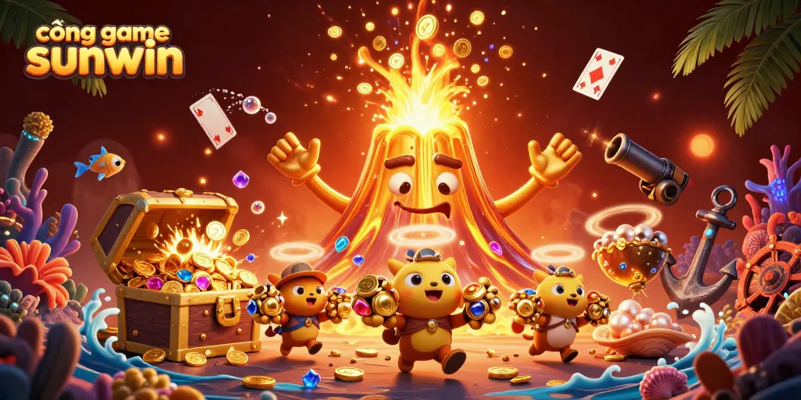 Cổng game sunwin showcases a vibrant 3D illustration of a golden volcano erupting with treasure, captivating players