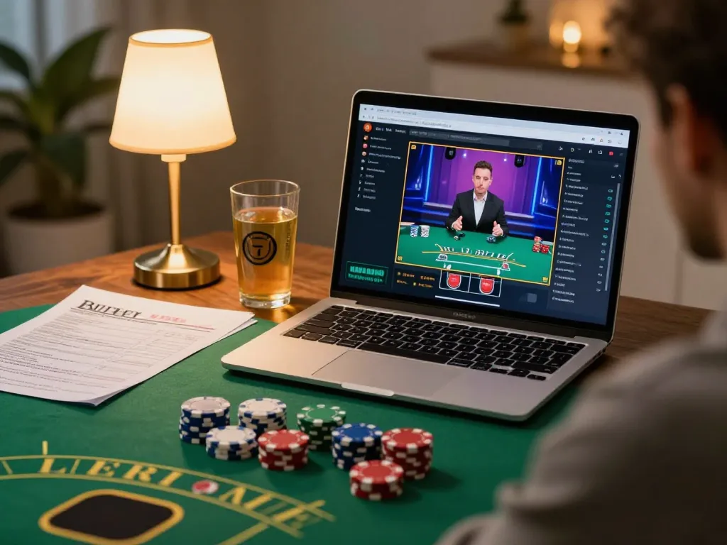 Engaging in an MM88 live dealer blackjack game at home, highlighting a cozy gaming environment.