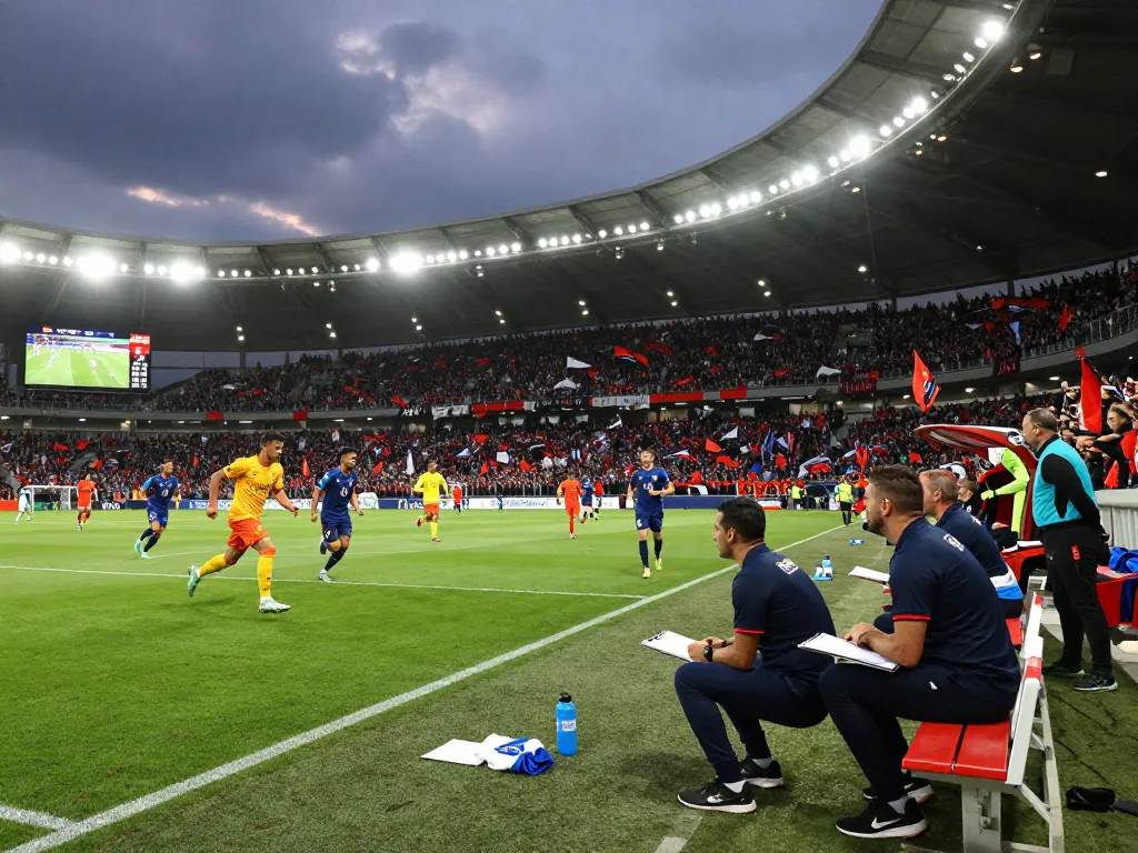 Exciting football match showing intense players and enthusiastic fans in vibrant stadium atmosphere, keyword: ฟุตบอล.