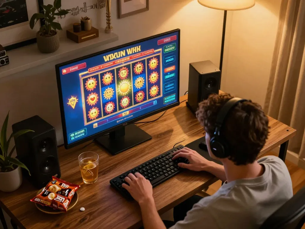 Sunwin game user engaging with vibrant online slots interface in cozy home setup.
