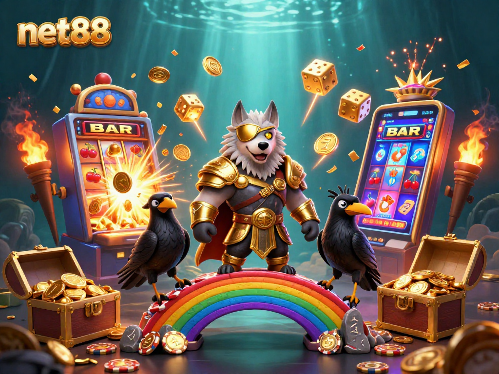 Experience excitement at net88 with an illustrated casino scene featuring Odin and a jackpot!