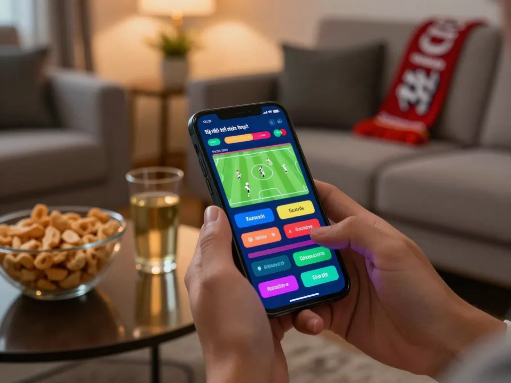 Tỷ lệ kèo trực tuyến displayed on smartphone in a cozy living room during sports betting.