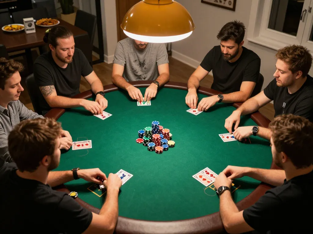 Players engaging in an exciting poker game at home, representing f168's community-focused gambling.