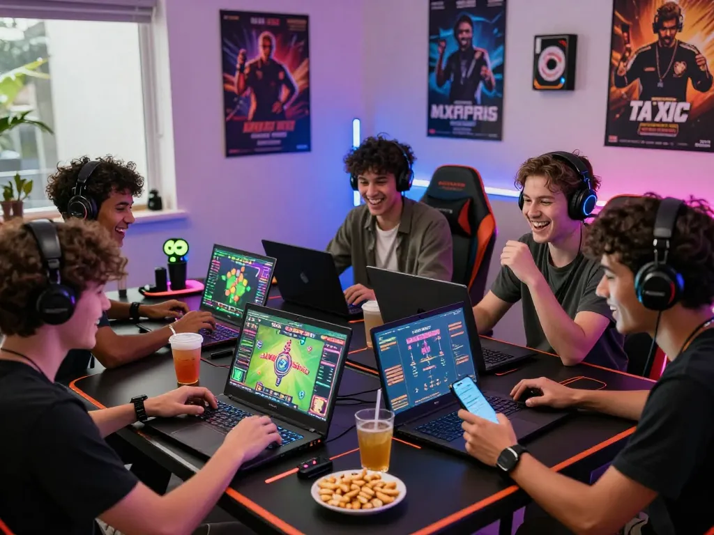 Group of friends enjoying tài xỉu md5 game with laptops, vibrant gaming atmosphere.