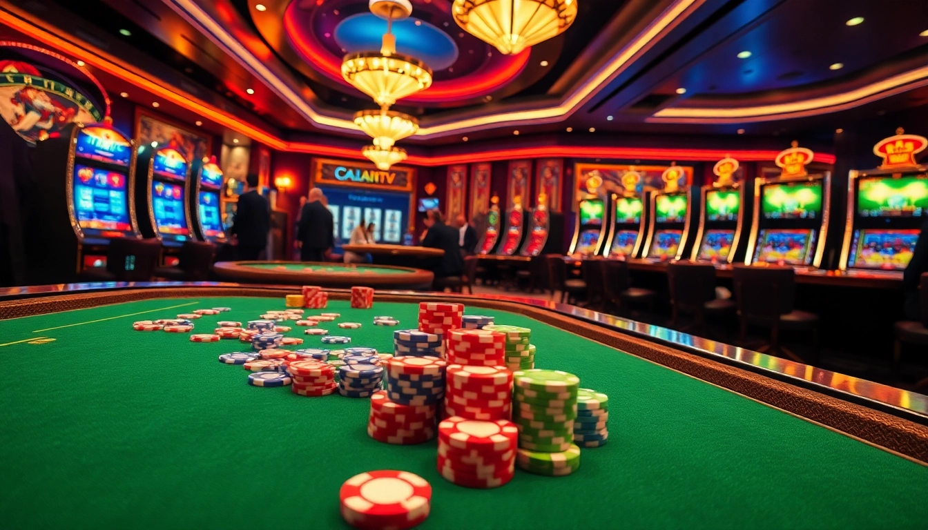 Cakhiatv enhances sports betting excitement in a luxurious casino environment, showcasing vibrant gaming elements.