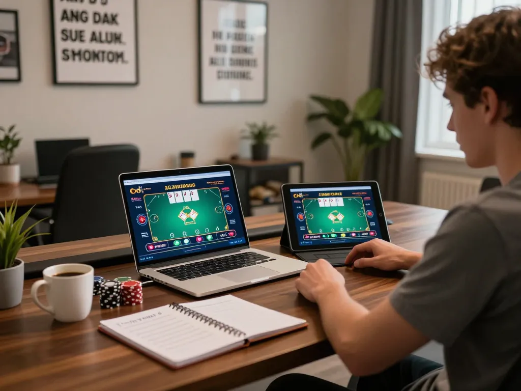 Gambling enthusiast engaging with gamebaidoithuong8 online poker setup, showcasing strategy notes and digital interface.