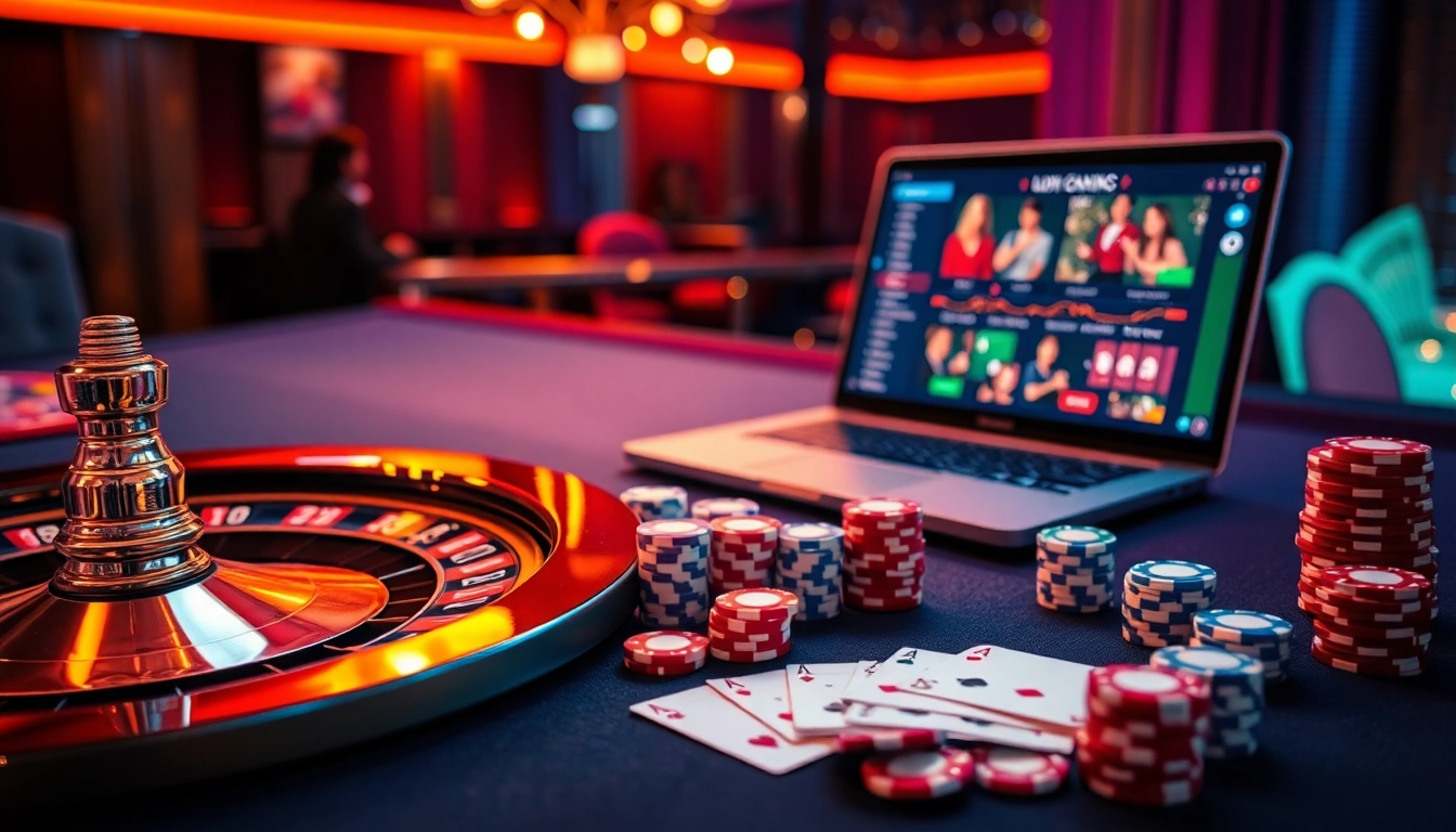 Exciting casino scene featuring loto188.gb.net with roulette, poker chips, and online gambling interface.
