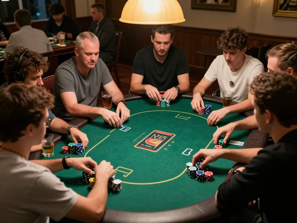 Join kp88 vip poker players at an exciting home game night with vibrant chips and intense focus.