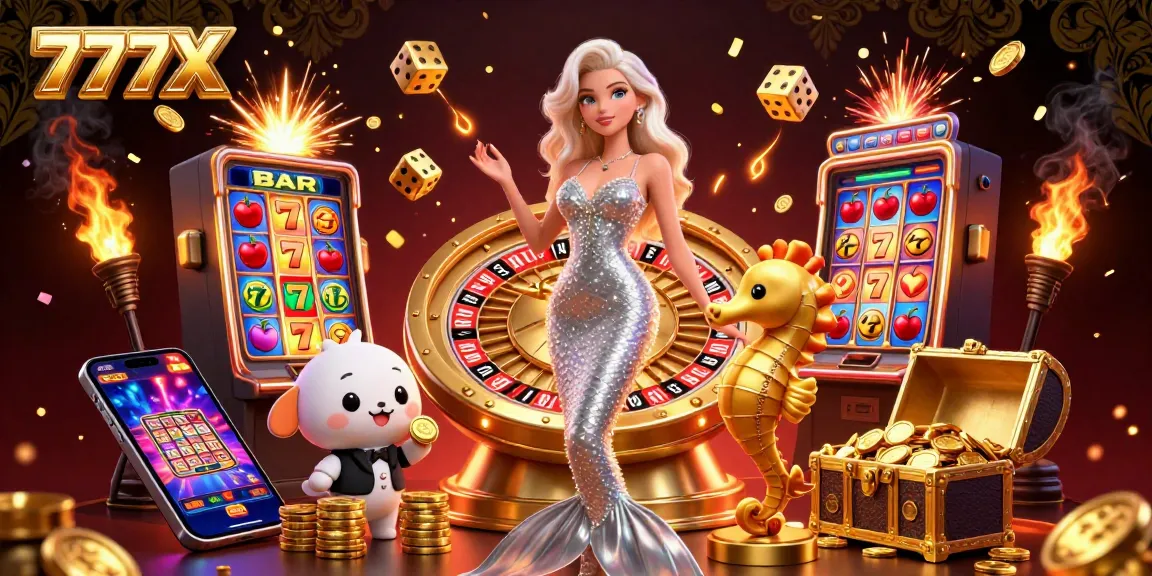 Experience the excitement of 777X with vibrant 3D characters and casino elements in an immersive digital illustration.