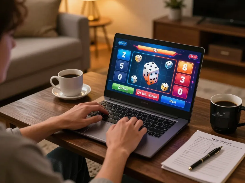 Engaging in Trang tài xỉu online with laptop setup, showcasing strategic gameplay in a cozy environment.