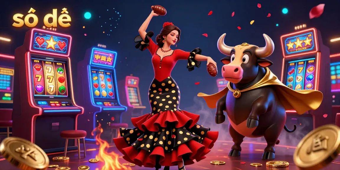 Experience thrilling số đề gaming action with a vibrant flamenco dancer and a golden bull amidst exciting slot machines.