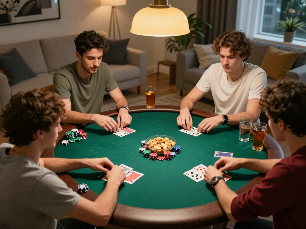 Friends enjoying a poker night at home, showcasing strategizing skills on LV88.