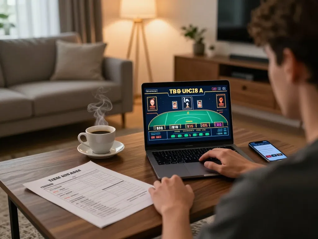 Engaging in online gaming at LV88 with a laptop and betting strategy notes.