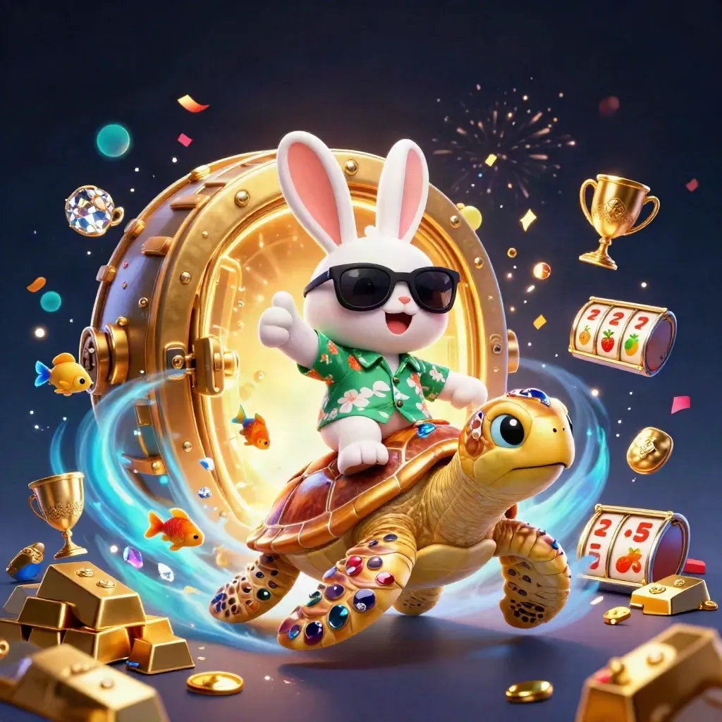 Lucky rabbit on a gem-shell turtle bursting from a treasure vault with neon casino light.