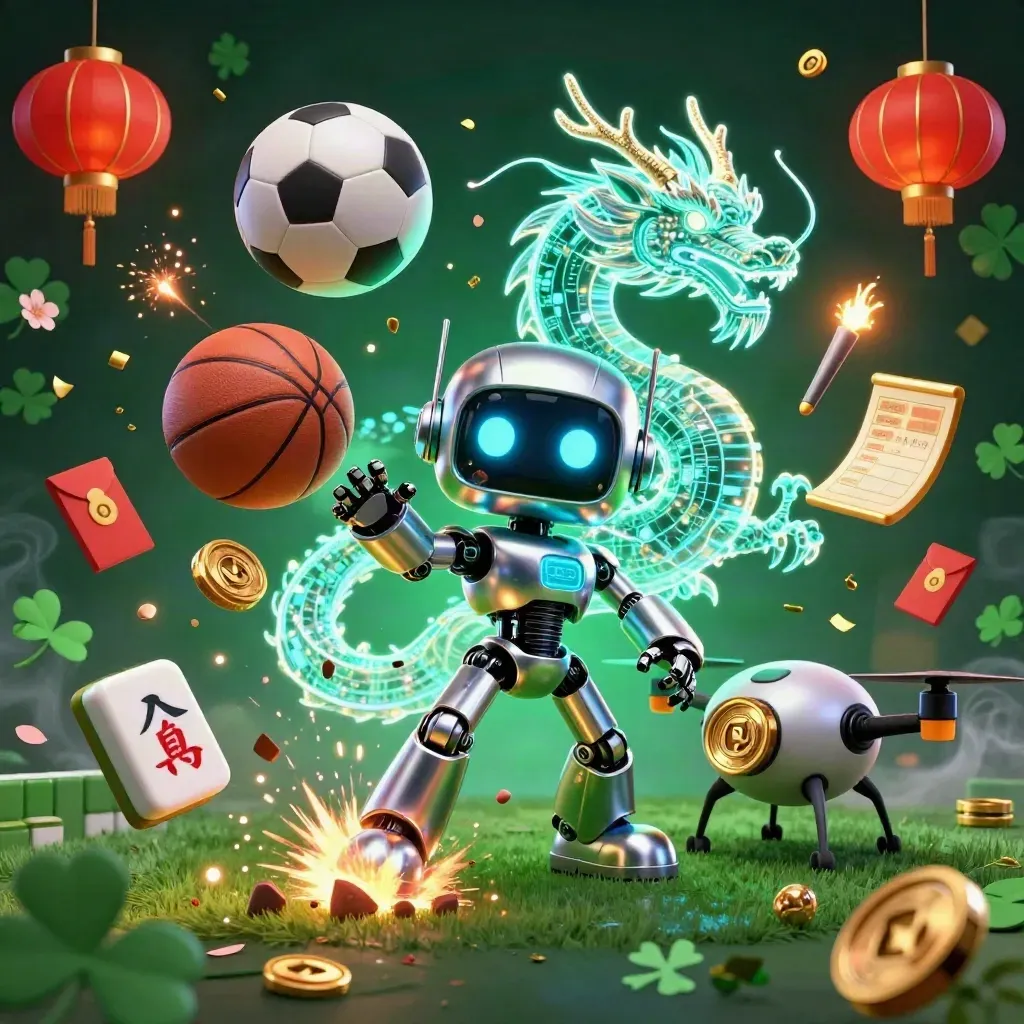 Cyberpunk robot, digital dragon and drone amid flying balls, coins, lanterns and sparks.