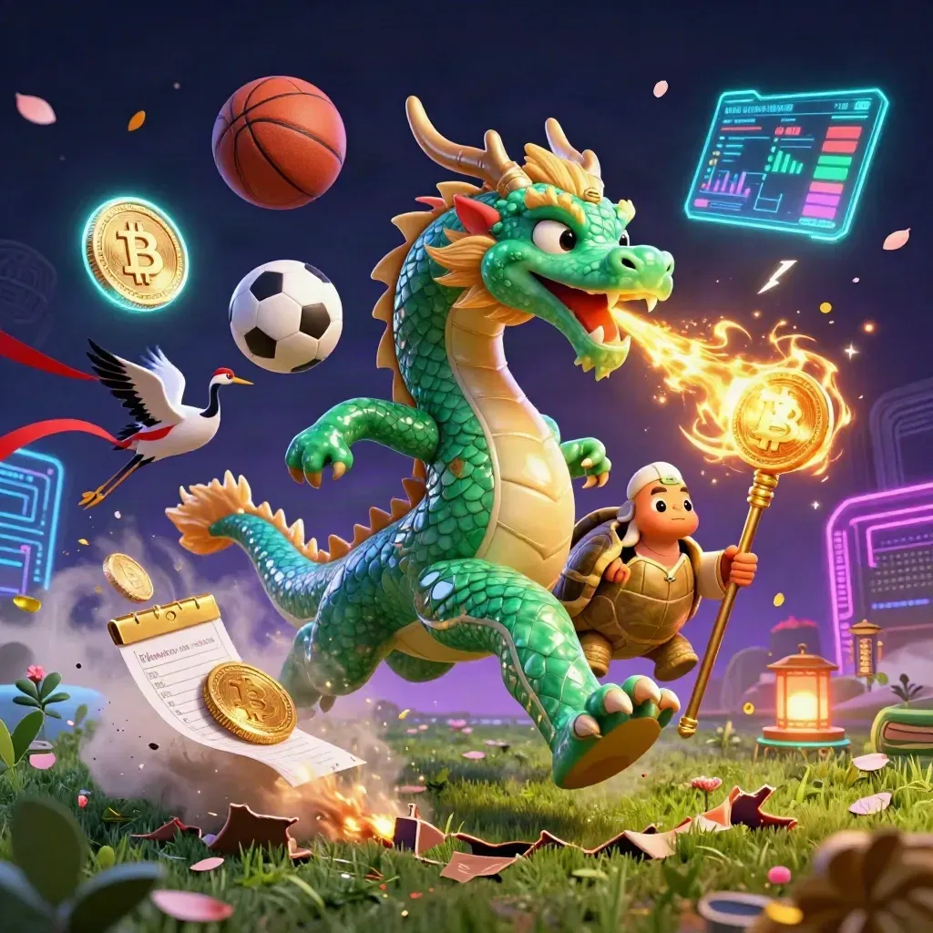 Dragon, turtle sage and cranes burst through neon turf with balls, coins and gold fire.
