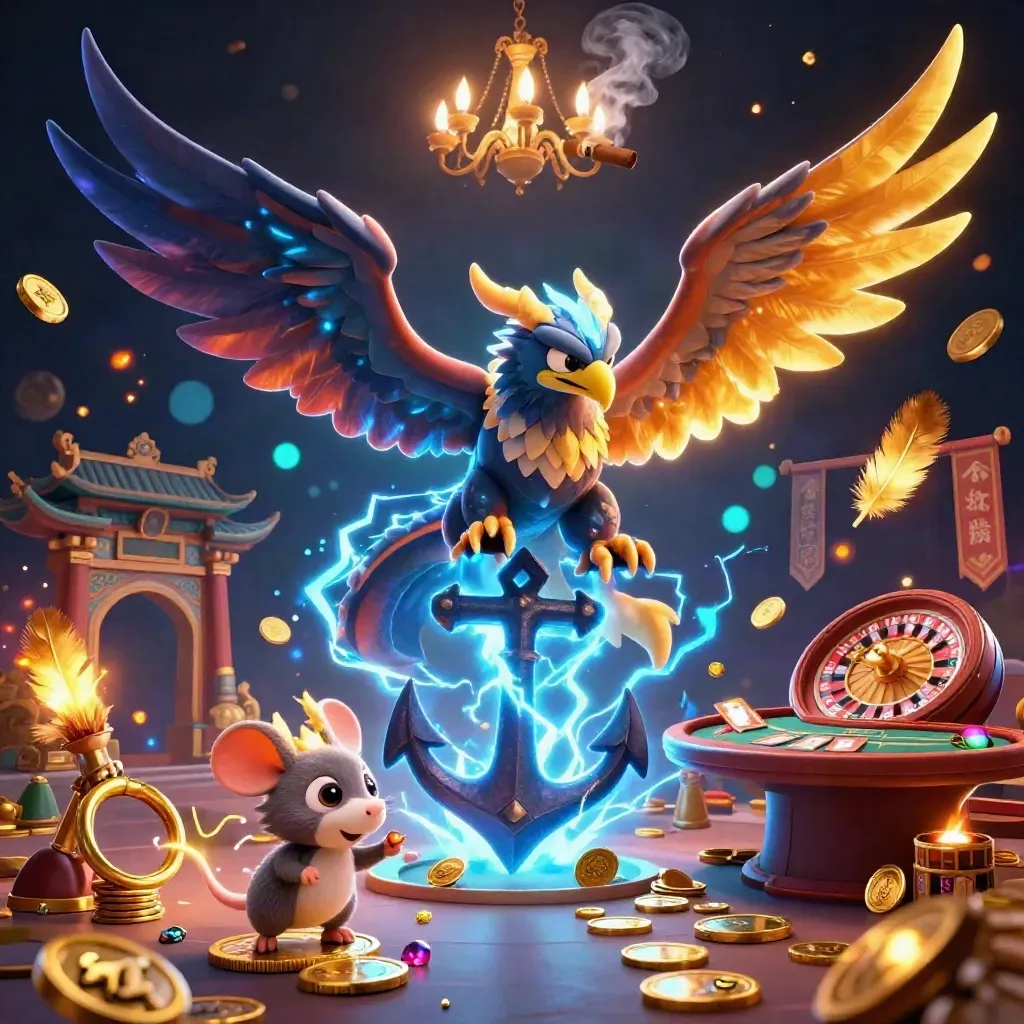Thunder dragon, wind hawk, and static mouse in a luxe casino scene with gold and cyan light.