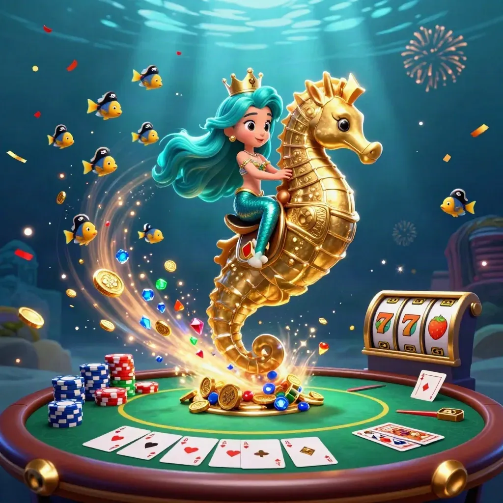 Mermaid princess on armored seahorse amid pirate fish, poker chips, cards, and neon underwater effects.