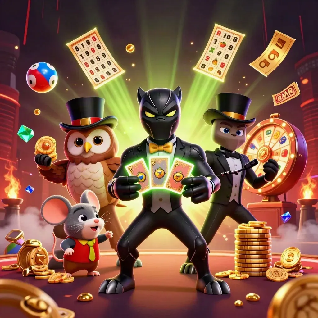 Tuxedo panther, owl, and mouse amid casino chips, prize balls, reels, and neon sparks.