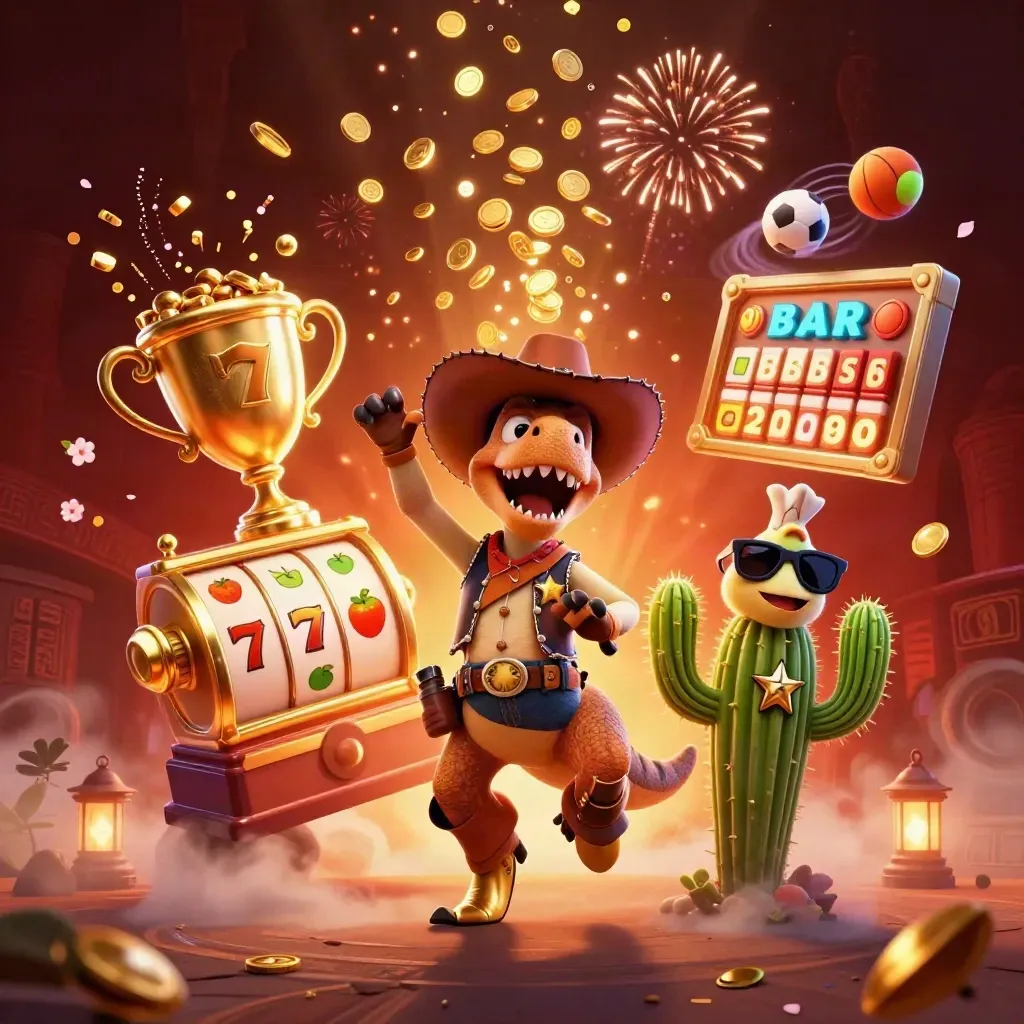 Cowboy T-Rex, cactus sidekick, and roadrunner burst with coins, reels, trophies, and fireworks