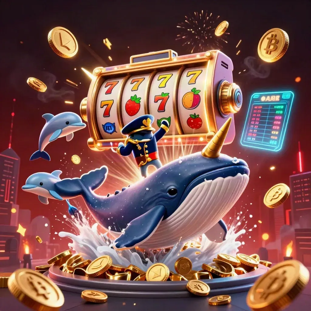 Whale captain, narwhal, and dolphins amid exploding coins, slots, crypto coins, and fireworks.