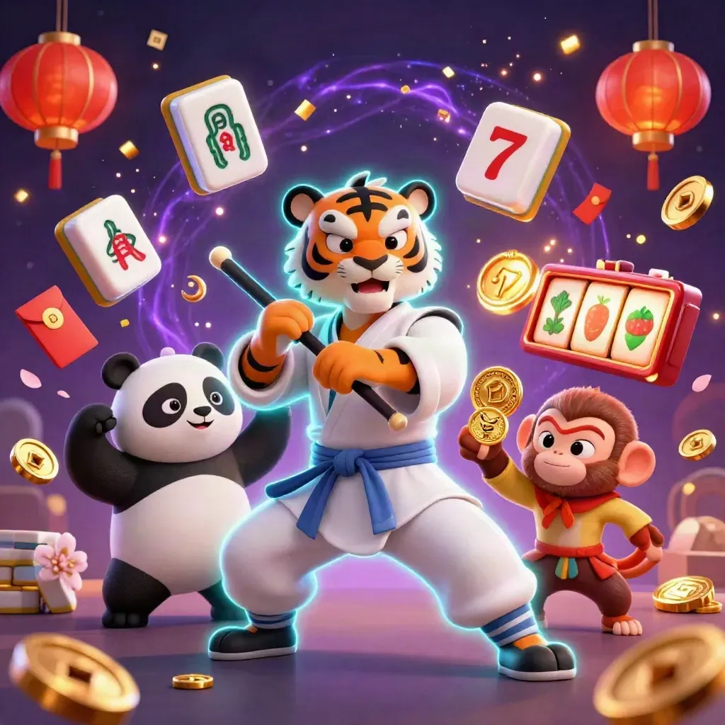 Kung-fu tiger, panda and monkey amid casino reels, coins and fireworks on a dark purple glow.